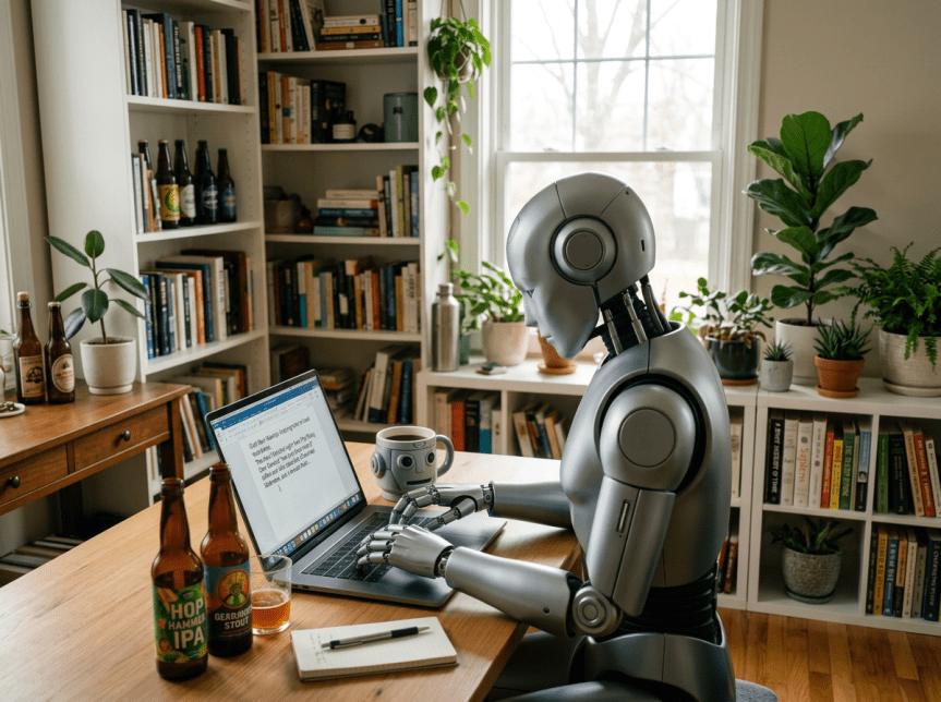Humanoid robot typing beer review on laptop in home office